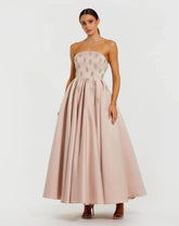 Pink Crystal Embellished Strapless Satin A-Line Dress