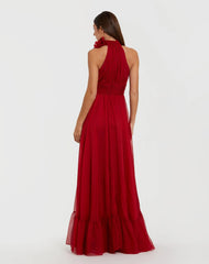 Red High Neck Sleeveless Chiffon Evening Gown with 3D Flower