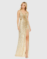 Gold Sequined Faux Wrap Sleeveless Gown