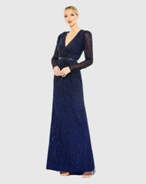 Navy Sequined Wrap Over Long Sleeve Gown