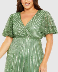 Green Sequin Faux Wrap Flutter Sleeve Ruffle Dress (Plus)
