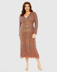 Orange Long Sleeve Embellished Dress (Plus)