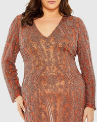 Orange Long Sleeve Embellished Dress (Plus)
