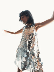 Silver Sleeveless Disc Sequin Trapeze Dress