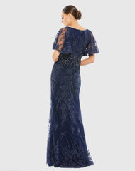 Navy Embellished Flutter Sleeve Evening Gown