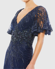 Navy Embellished Flutter Sleeve Evening Gown