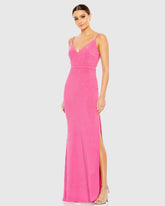 Pink Rhinestone Embellished V-Neck Gown