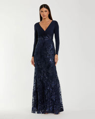 Navy Embellished Long Sleeve Wrap Over Trumpet Gown