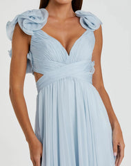 Light Blue Ruffle Tiered Cut-Out Chiffon Gown