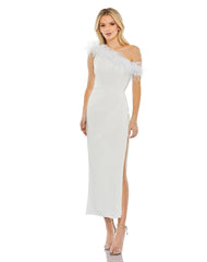 Feather Trim One Shoulder Draped Dress