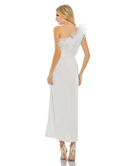 White Feather Trim One Shoulder Draped Dress