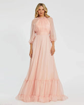 Pink Chiffon Ruched Illusion Raglan Sleeve Ruffled Gown