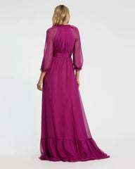 Purple Chiffon Ruched Illusion Raglan Sleeve Ruffled Gown