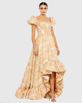 Orange Floral Print Puff Sleeve High Low Brocade Gown