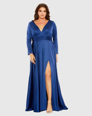 Blue Long Sleeve V Neck A Line Gown