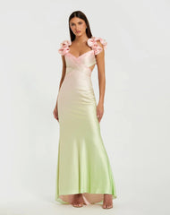 Pink and Green Charmeuse Ruffle Strap Crossover Ombre Gown