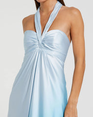 Blue Charmeuse Tie Halter Neck Ombre Gown