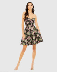 Black Strapless Brocade Mini Dress