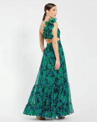 Green One Shoulder Ruffle Tiered Cut-Out Chiffon Gown