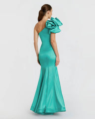 Green One Shoulder Bustier Satin Mermaid Gown