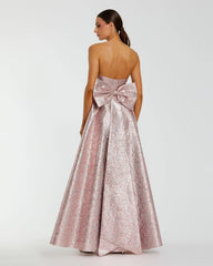 Pink Metallic Strapless Brocade Gown With Oversized Bow