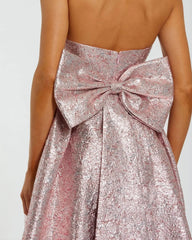 Pink Metallic Strapless Brocade Gown With Oversized Bow