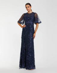 Navy Flutter Sleeve Floral Embroidered Net Gown