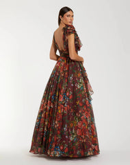 Wine Sleeveless V-Neck Floral Chiffon Ruffle Ball Gown