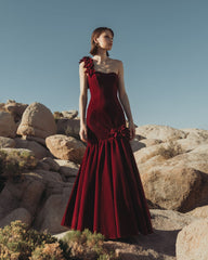 Dark Velvet One Shoulder Trumpet Gown With Flowers