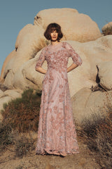 Pink High Neck Embellished Lace Gown with 3/4 Sleeves