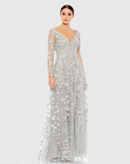 Gray Floral Applique Long Sleeve Illusion Gown