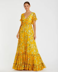Multicolor Flounce Sleeve Floral Maxi Dress