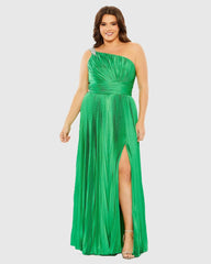 Green One Shoulder Embellished Pleated Sleeveless Gown