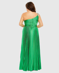 Green One Shoulder Embellished Pleated Sleeveless Gown