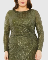 Green Long Sleeve Sequin Gathered Waist Dress