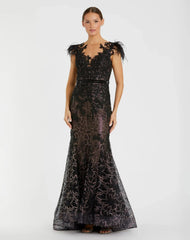 Black Embellished Feather Cap Sleeve Illusion Neck Trumpet Gown