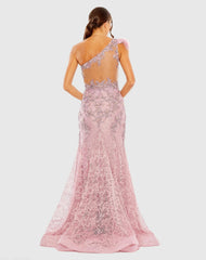 Pink Embroidered Applique Feathered One Shoulder Trumpet Gown
