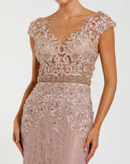 Pink High Neck Shoulder Flower Detail Mermaid Gown