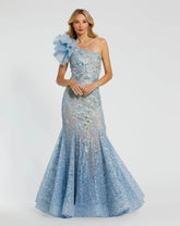 Blue Embellished Tulle Flower Detail Mermaid Gown