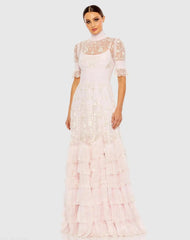 Embroidered Floral Tiered Smock Neck Gown