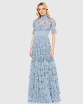 Blue Floral Embroidered Smock Neck Tiered Ruffle Dress