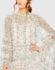 Multicolor Floral Print Long Flare Sleeve Mesh A-Line Dress