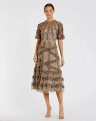 Illusion Floral Midi Dress with Ruffle Detailing