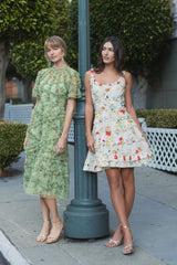 Green Illusion Floral Midi Dress with Ruffle Detailing