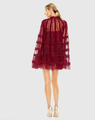 Red High Neck Ruffle Bell Sleeve Trapeze Dress