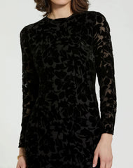 Black Burnout Velvet Long Sleeve Ruffle Hem Midi Dress