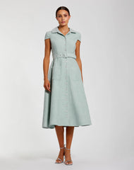 Light Blue Boucle Cap Sleeve Button Up Midi Dress