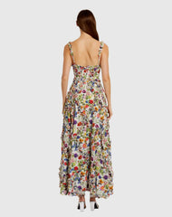 Multicolor Ruffle Scoop Neck Floral A-Line Dress