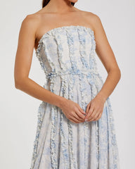 Blue and White Strapless Ruffle Floral Cotton Midi Dress