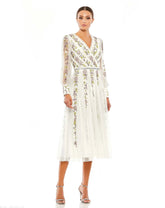 White Long Sleeve Embroidered Wrap Midi Dress